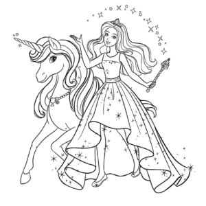 Barbie and Unicorn Coloring Page