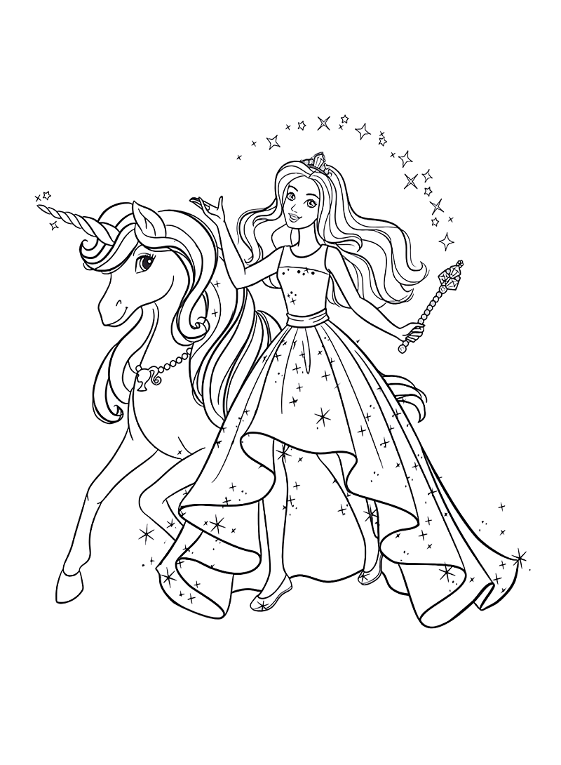 Barbie and Unicorn Coloring Page