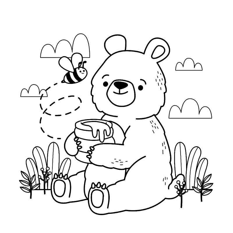 Bee and Teddy bear coloring pages for kids
