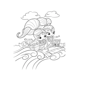 Shimmer and Shine Together with Their Pets Fly on a Flying Carpet