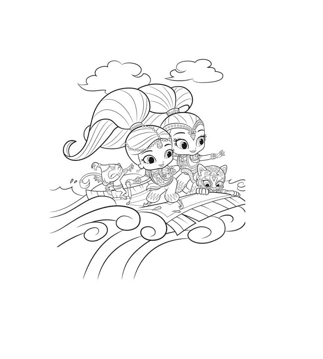 Shimmer and Shine Together with Their Pets Fly on a Flying Carpet