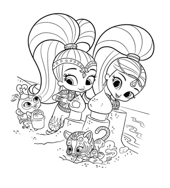 Shimmer and Shine with their pets are building a sand castle